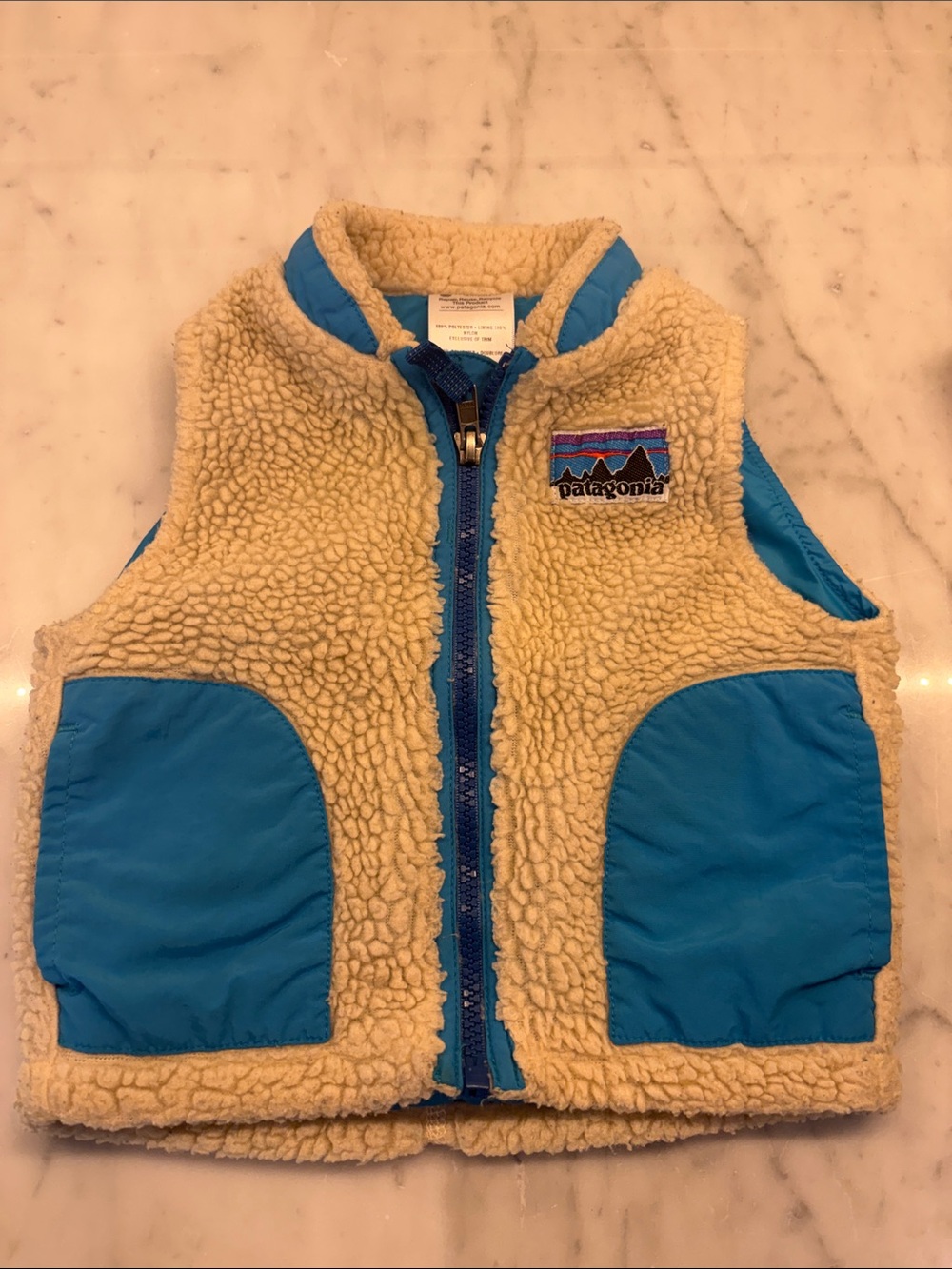 Patagonia Kids Cream Sherpa Vest with Blue Pocket Panels - 12m